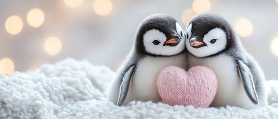 Obraz premium Two penguins cuddling with a pink heart cozy vibe pure white background