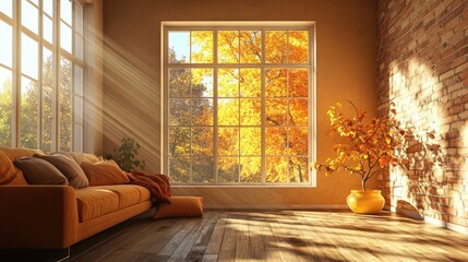 Cozy autumn living room with sunlight and nature view.