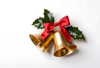 Twin silver bells and red ribbon with red Christmas balls adorn on Christmas tree. Christmas background. New Year concept.