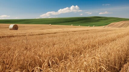 Ripened Grain Field with Rolling Hills in Background