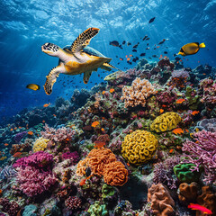 Fototapeta premium Colorful coral reef teeming with marine life and a turtle gliding above