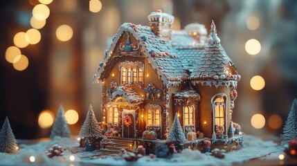 Fototapeta premium Illuminated Gingerbread House Christmas Scene Decorated