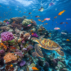 Obraz premium Colorful coral reef teeming with marine life and a turtle gliding above