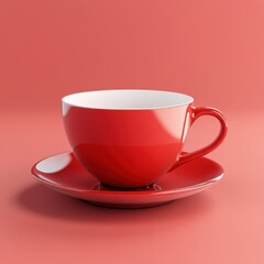 Red Ceramic Coffee Cup and Saucer on Coral Background