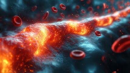 A vivid depiction of flowing blood cells through a dynamic, fiery environment, illustrating the vitality of the circulatory system.