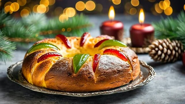 A traditional Rosca de Reyes cake, adorned with candied fruits on a festive table. Lit candles and pine branches in the background create a warm, celebratory atmosphere for Three Kings Day Epiphany.
