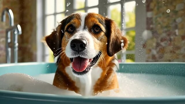 A joyful dog splashing around in a soapy bath indoors. An exuberant pup is caught mid-shake, water droplets flying, in a soap-filled bathtub. Adopt a shelter Pet Day. Panorama with copy space.