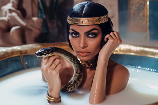 Queen Cleopatra:  immersed in a luxurious milk bath holds a snake with confidence.
