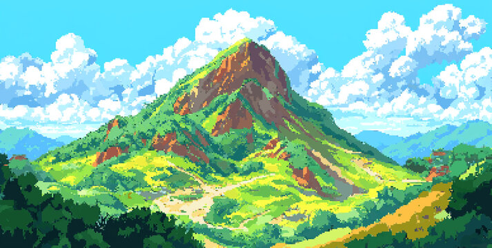8bits Pixel art of an adventurous mountain landscape, with lush green hills and white clouds in the sky