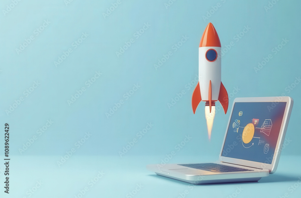 Poster a rocket taking off from the screen of an open laptop, symbolizing new ideas and innovation in digit