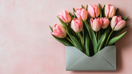 Obraz premium Pink tulips in a gray envelope on pastel peach background, soft and elegant, generative ai