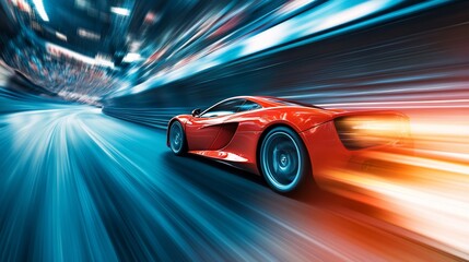 Red sports car speeding through city at night.