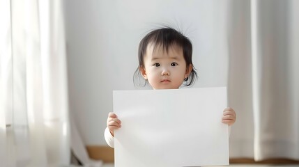 A young child holding a blank white sign, standing in a bright room with natural light.