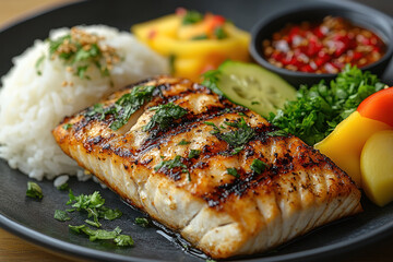 close-up of a delicious grilled fish steak garnished with fresh herbs.  