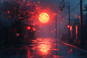 Fototapeta premium a mystical night scene on the street with a bright red light created by a large moon or sun in the background and Chinese lanterns hanging along the road. 