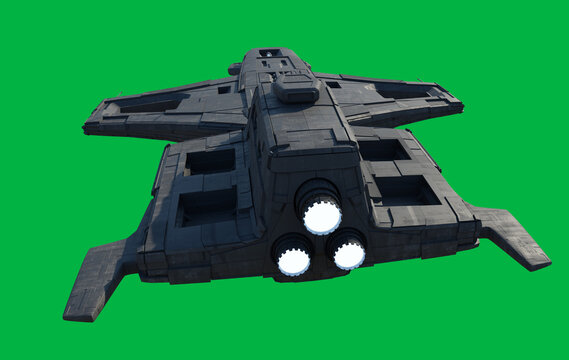 Medium Space Ship with Rear Mounted Cannon Turret on a Green Sceen Background, Rear View, 3d digitally rendered science fiction illustration