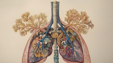 Detailed anatomical illustration of lungs filled with pollution.