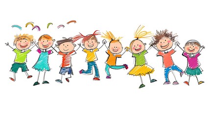 A cheerful illustration of children playing and celebrating together, showcasing joy and friendship.