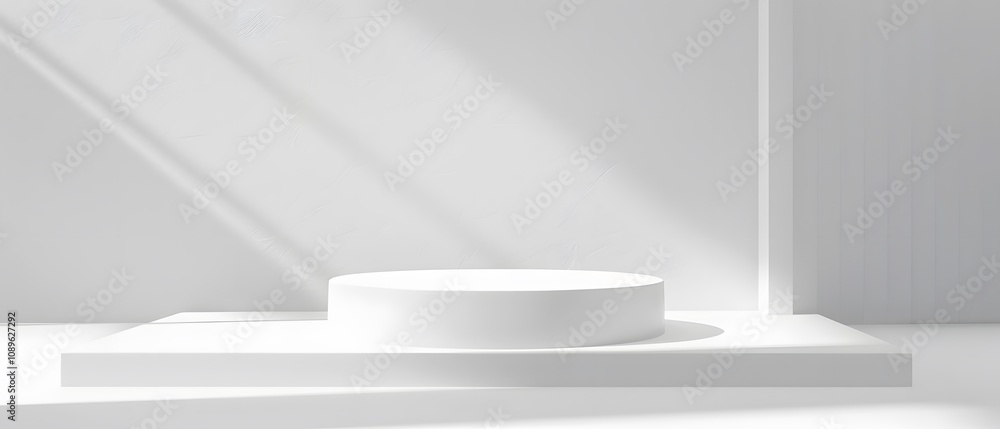Poster Minimalist White Display Podium in a Bright Studio with Natural Light Creating an Elegant and Serene Atmosphere for Product Photography or Showcasing Art