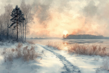 winter landscape during sunset.  