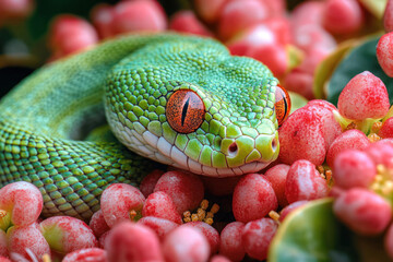 Obraz premium a bright green snake curled up among pink berries, which creates a contrast and attracts attention. 