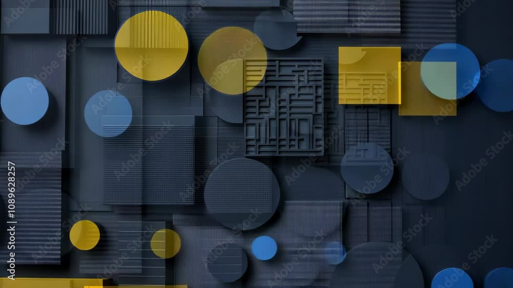 Poster bento grid layout with modern graphic design elements in gray color on dark background. blue and yel
