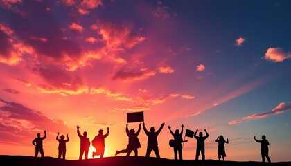 Silhouette of People Celebrating at Sunset