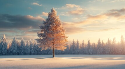 Fototapeta premium Solitary Frost Covered Tree In Snowy Winter Forest