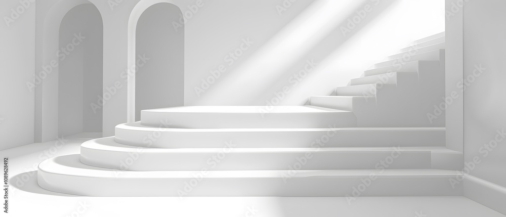 Poster minimalist architectural design featuring elegant curved staircases within a bright, spacious modern