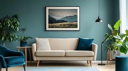 Beautiful Colored Mockup Bedroom Interior Blank Poster Decoration Art Background Image, generative AI