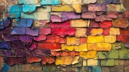 Fototapeta premium A vibrant display of textured paint layers in various colors on a wall.