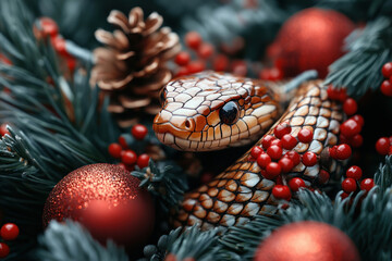 Fototapeta premium a snake with a brown-orange pattern, comfortably located among the New Year's decor. 