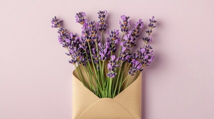Purple lavender flowers in a kraft envelope on a pale lavender background, soft and natural, generative ai