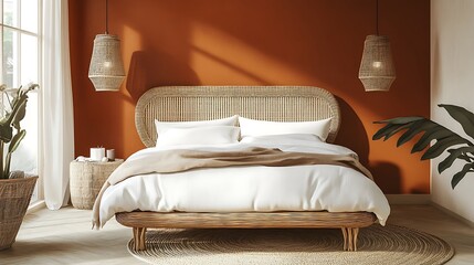 Beautiful Colored Mockup Bedroom Interior Blank Poster Decoration Art Background Image, generative AI