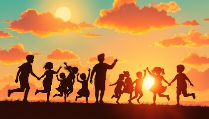 Fototapeta premium Silhouette of Happy Children Playing at Sunset