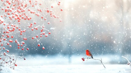 Fototapeta premium Red bird on snowy branch with red berries in winter