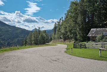 Asphalt alpine road in summer. Narrow road, with mountains and blue sky in the background. Austria
