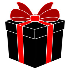 Sleek black gift box with a vibrant red bow on a white background