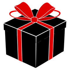 Sleek black gift box with a vibrant red bow on a white background