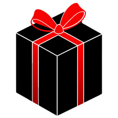 Sleek black gift box with a vibrant red bow on a white background