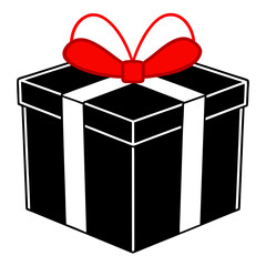 Sleek black gift box with a vibrant red bow on a white background