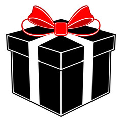 Sleek black gift box with a vibrant red bow on a white background