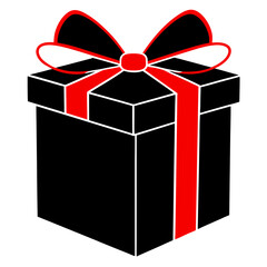 Sleek black gift box with a vibrant red bow on a white background