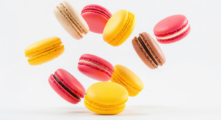 Obraz premium Colorful macarons flying in the air on a white background.
