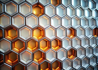 Fototapeta premium Modern hexagon honeycomb background in white, featuring a 3D aesthetic, provides generous copy space, ideal for design projects, branding, and creative showcases.