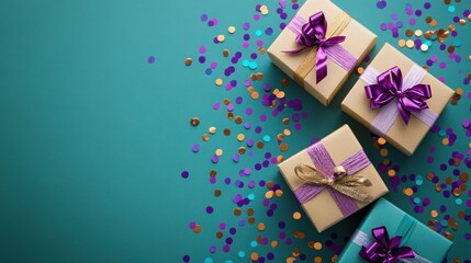 Gift set with colorful bows and confetti on green
