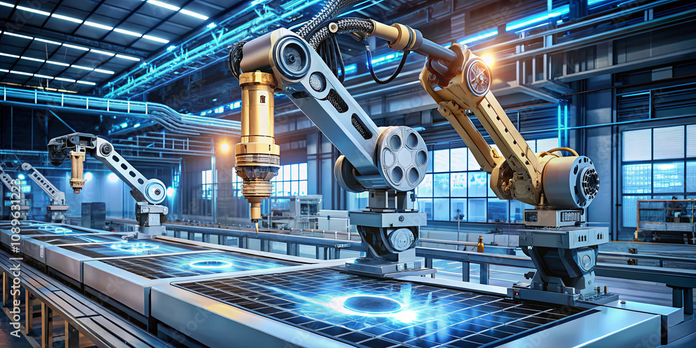 Poster robotic arms are efficiently working on a production line in a high-tech manufacturing facility. the