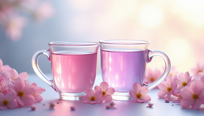 Fototapeta premium Two cups of pink drinks, beautifully set among flowers, creating a perfect romantic atmosphere for Valentine's Day.