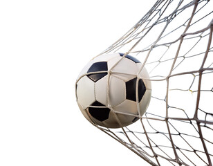 Soccer in the goal net isolated on white background, cut out 