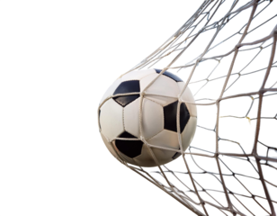 Soccer in the goal net isolated on white background, cut out 